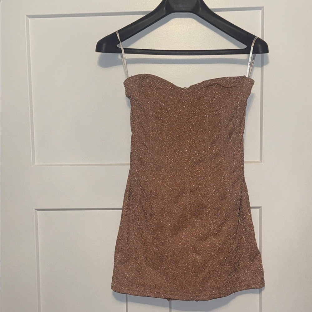New White Fox Boutique Champagne Sparkle Strapless Mini Dress